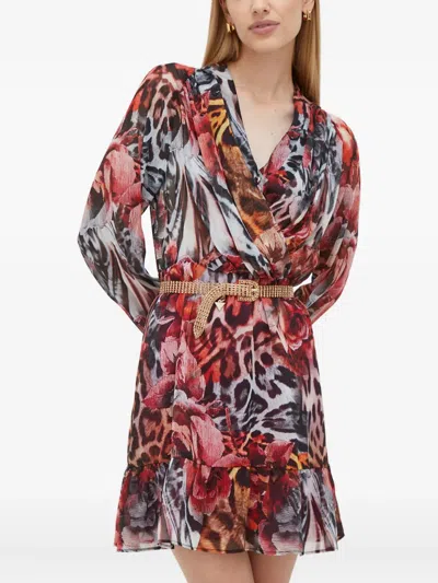 Marciano V-neck Animal-print Mini Dress In Brown