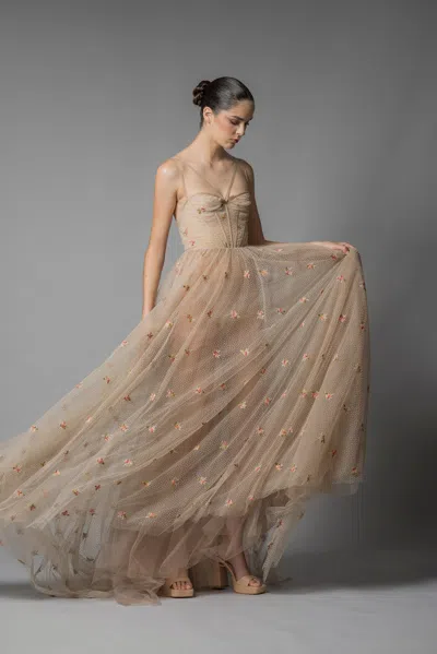 Marco & Maria Miriam Embroidered Gown In Beige
