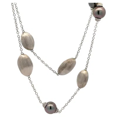 Pre-owned Marco Bicego 18k White Gold 30" Tahitian Pearl & Diamond Brushed Beads Necklace