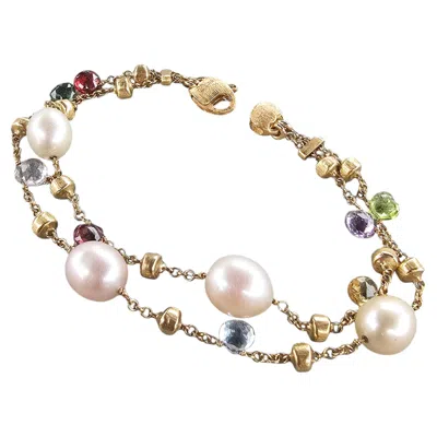 Pre-owned Marco Bicego Pearl Gemstone 2 Row Chain Bracelet 18k Yellow Gold 14.2g 7.5"