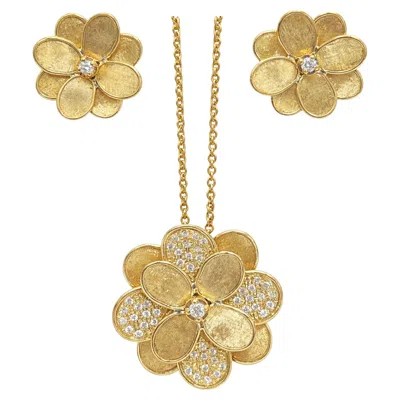 Pre-owned Marco Bicego Petali 18k Yellow Gold Diamond Flower Necklace And Earrings Set