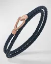 MARCO DAL MASO MEN'S DOUBLE WRAP 18K MATTE ROSE GOLD PLATED SILVER AND BLUE WOVEN LEATHER BRACELET