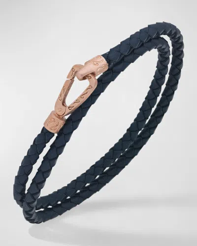 Marco Dal Maso Men's Double Wrap 18k Matte Rose Gold Plated Silver And Blue Woven Leather Bracelet In Blue/gold