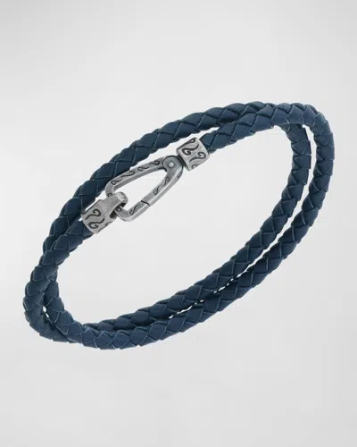 Marco Dal Maso Men's Double Wrap Oxidized Silver And Woven Leather Bracelet In Blue/silver