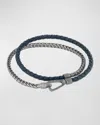 Marco Dal Maso Men's Lash Double Wrap Leather Franco Chain Combo Bracelet With Push Clasp In Blue/silver