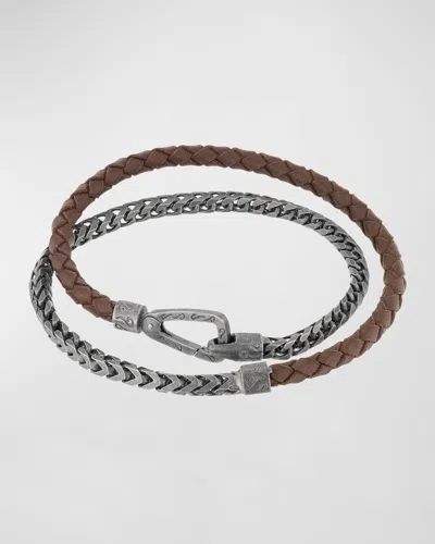 Marco Dal Maso Men's Lash Double Wrap Leather Franco Chain Combo Bracelet With Push Clasp In Brown