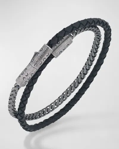 Marco Dal Maso Men's Lash Double Wrap Leather Franco Chain Combo Bracelet With Trigger Clasp In Black