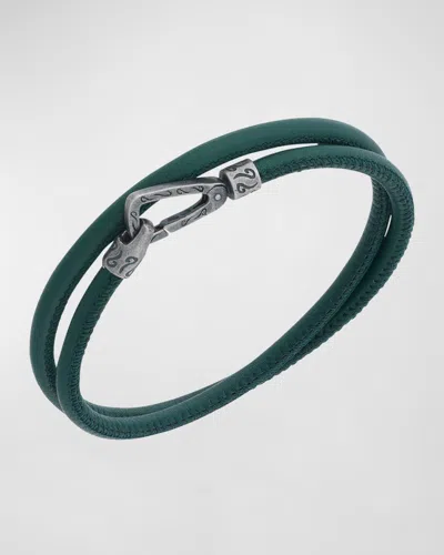 Marco Dal Maso Men's Lash Double Wrap Smooth Leather Bracelet, Silver In Green/silver