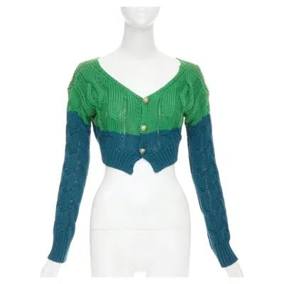 Pre-owned Marco De Vincenzo Etro 2023 Bicolor Teal Cotton Cashmere Mixedcable Knit Cropped Cardigan It38 Xxs In Green
