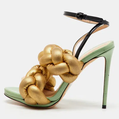 Marco De Vincenzo Gold/black Metallic Leather And Patent Leather Ankle Strap Sandals