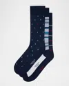 Marcoliani Men's 3-pack Pima Cotton Crew Socks In Blue Pattern