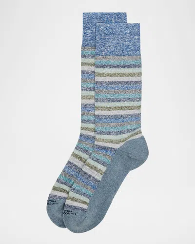 Marcoliani Men & Apos;s Linen And Cotton Stripe Crew Socks In Blue