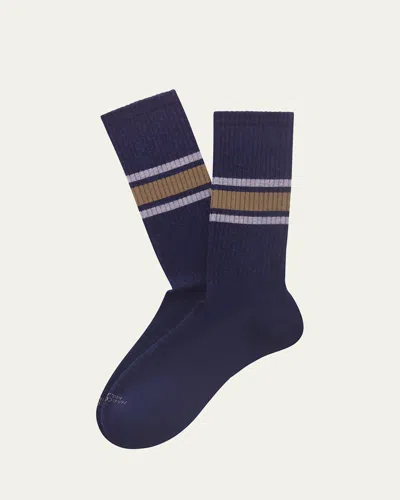 Marcoliani Men's College Stripe Cotton Blend Crew Socks In Blue