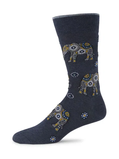 Marcoliani Men's Elephant Pattern Crew Socks In Indigo Blue