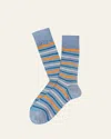 Marcoliani Men's Modal Multi-stripe Crew Socks In Silver Blue