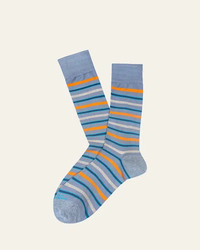 Marcoliani Men's Modal Multi-stripe Crew Socks In Silver Blue