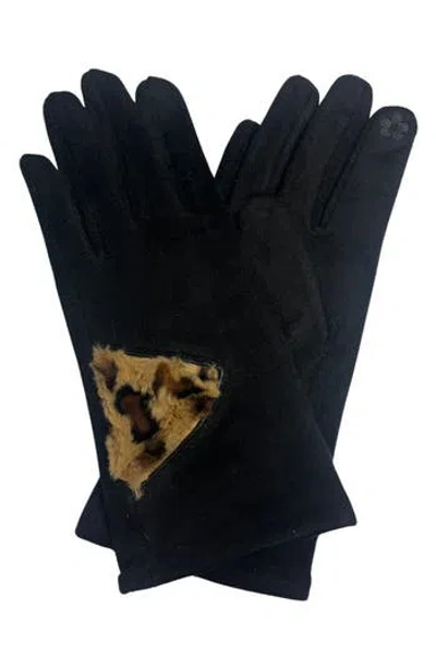 Marcus Adler Cheetah Print Faux Fur Trim Gloves In Black