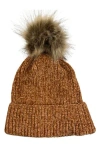 Marcus Adler Chenile Faux Fur Pompom Beanie In Camel