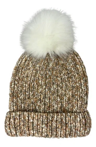 Marcus Adler Chenille Beanie With Faux Fur Pompom In Taupe
