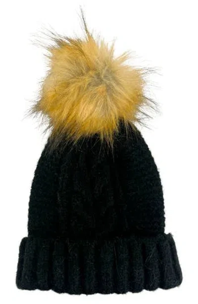 Marcus Adler Faux Fur Pom Cable Knit Beanie In Black