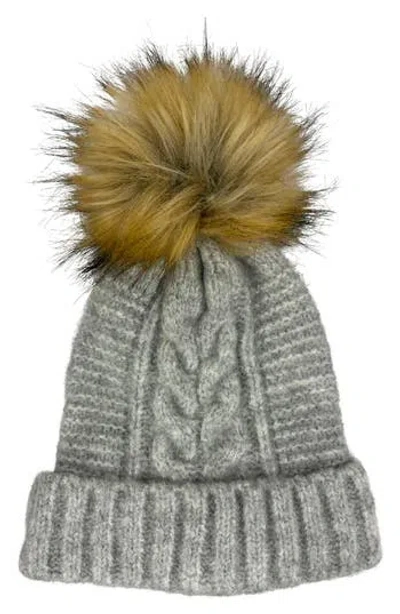 Marcus Adler Faux Fur Pom Cable Knit Beanie In Gray