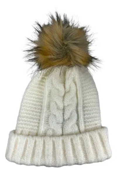 Marcus Adler Faux Fur Pom Cable Knit Beanie In Neutral