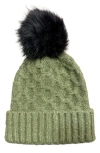 Marcus Adler Faux Fur Pom Honeycomb Knit Beanie In Olive