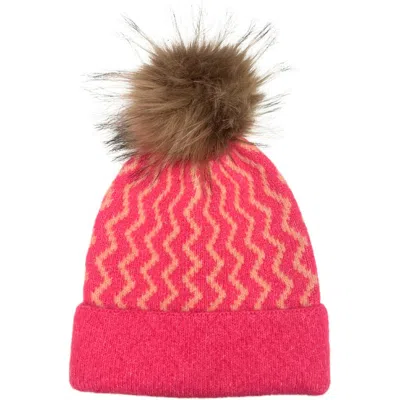 Marcus Adler Faux Fur Pom Zigzag Knit Beanie In Fuchsia
