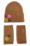 Marcus Adler Floral Beanie & Arm Warmers Set In Brown