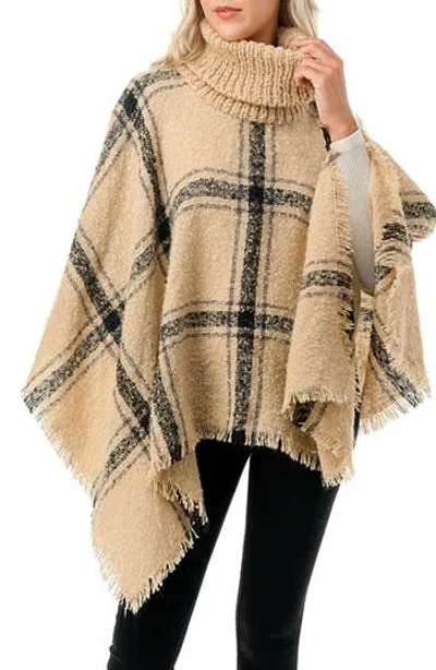 Marcus Adler Fringe Plaid Turtleneck Poncho In Brown
