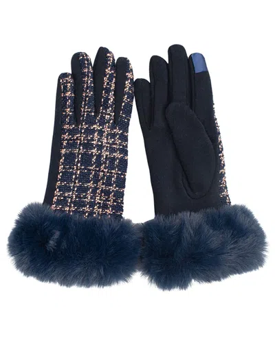 Marcus Adler Faux Fur Trim Tweed Touchscreen Gloves In Blue