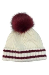 Marcus Adler Varsity Faux Fur Pompom Cable Knit Beanie In Burgundy