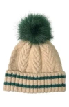 Marcus Adler Varsity Faux Fur Pompom Cable Knit Beanie In Green