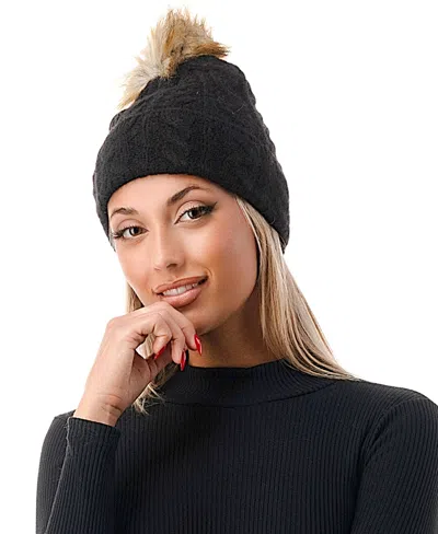 Marcus Adler Women's Cable Knit Faux Fur Pom Beanie In Black