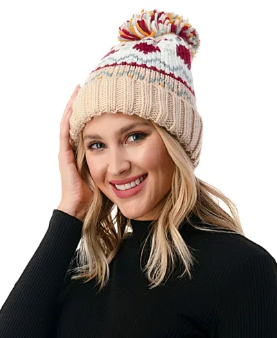 Marcus Adler Women's Fair Isle Heart Knit Pom Beanie In Ivory