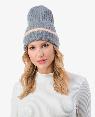 Marcus Adler Women's Stripe Cuff Ribbed Knit Beanie In Gray