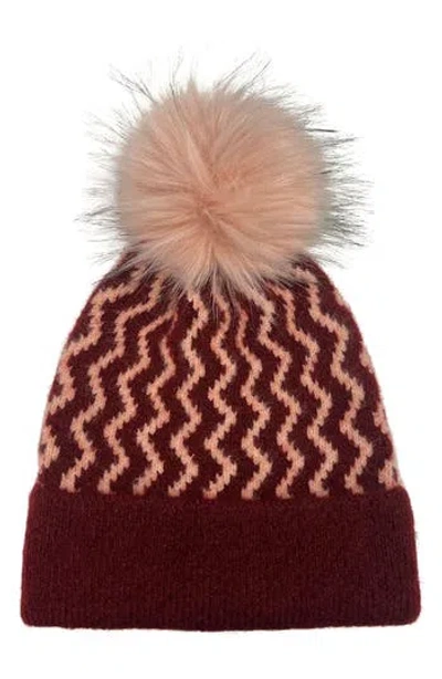 Marcus Adler Zig Zag Faux Fur Pompom Beanie In Burgundy