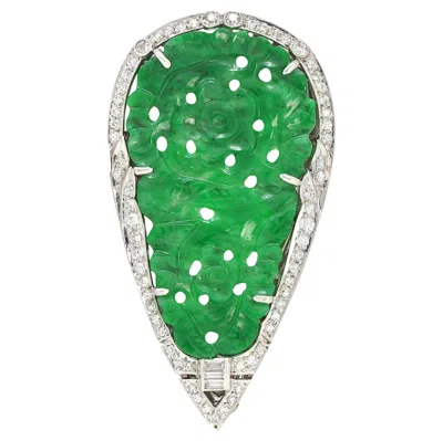 Pre-owned Marcus & Co. Art Deco Carved Jade Diamond Platinum Floral Brooch Pendant Clip In Green