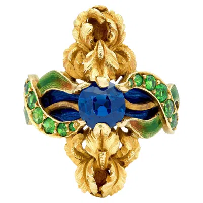 Pre-owned Marcus & Co. Art Nouveau Sapphire Enamel Demantoid 14k Gold Antique Iris Ring In Blue