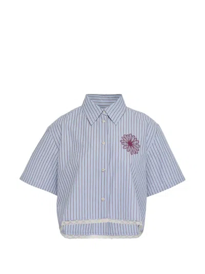 Mardi Mercredi Les Petites Striped Floral-embroidered Cropped Shirt In Blue