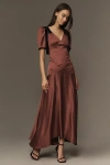 Mare Mare Bree Puff-sleeve V-neck Satin Midi Dress In Beige