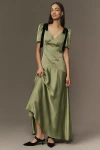 Mare Mare Bree Puff-sleeve V-neck Satin Midi Dress In Green