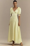 Mare Mare Bree Puff-sleeve V-neck Satin Slip Midi Dress In Yellow