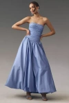 Mare Mare Briana Strapless Drop-waist Bubble-hem Midi Dress In Blue