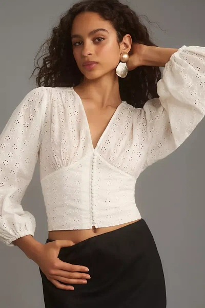 Mare Mare Long-sleeve V-neck Eyelet Blouse In White