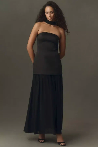Mare Mare Natalie Strapless Stretch Satin Chiffon Maxi Dress In Black