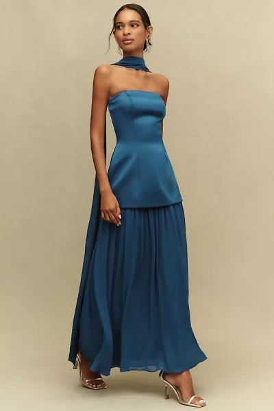 Mare Mare Natalie Strapless Stretch Satin Chiffon Maxi Dress In Blue