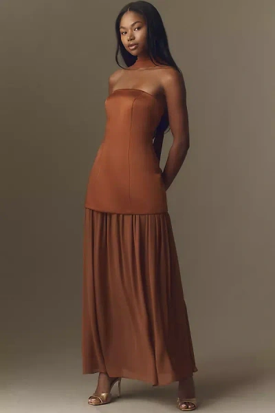 Mare Mare Natalie Strapless Stretch Satin Chiffon Maxi Dress In Brown