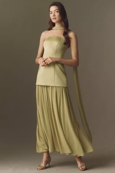 Mare Mare Natalie Strapless Stretch Satin Chiffon Maxi Dress In Green