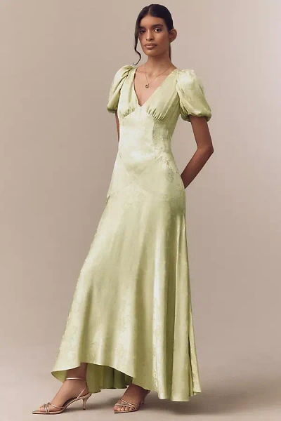 Mare Mare Puff-sleeve Jacquard Drop-waist Linen Blend Dress In Green
